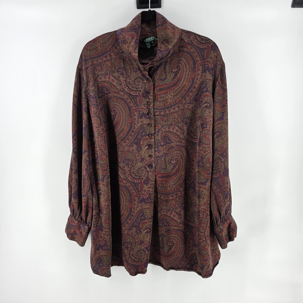 Lauren Ralph Lauren Women 3X Purple Silk Paisley Top Funnel Neck Tunic Victorian